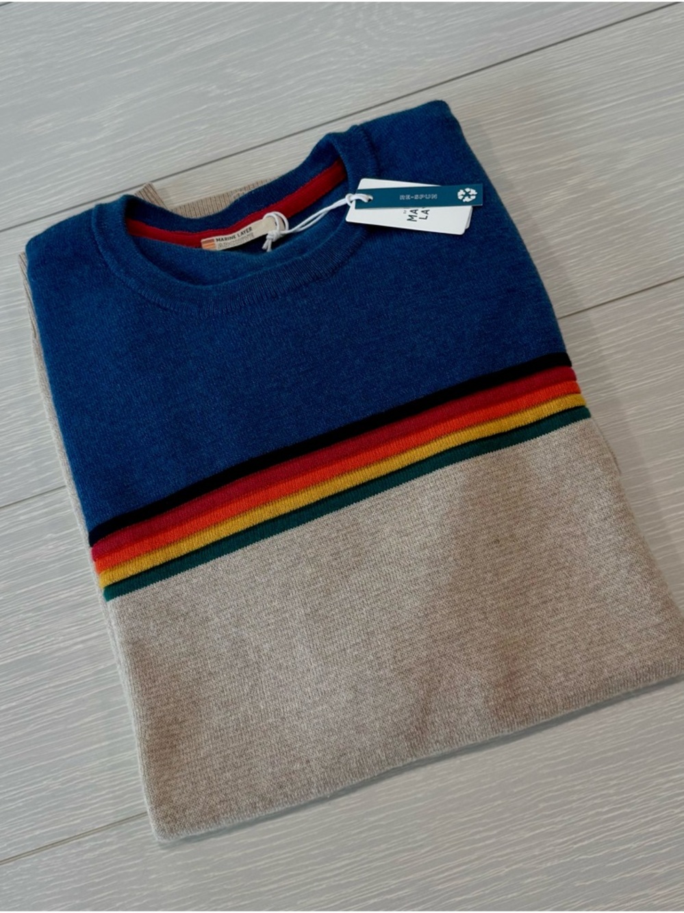 Marine Layer Men's Blue and Beige Crewneck with Rainbow Stripe